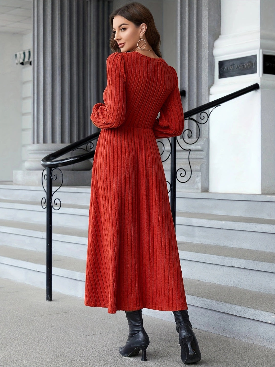 Ribbed Round Neck Long Sleeve Dress 54dbc048-6883-4b53-ab18-026fcdc1b18a-Max Glownestbest