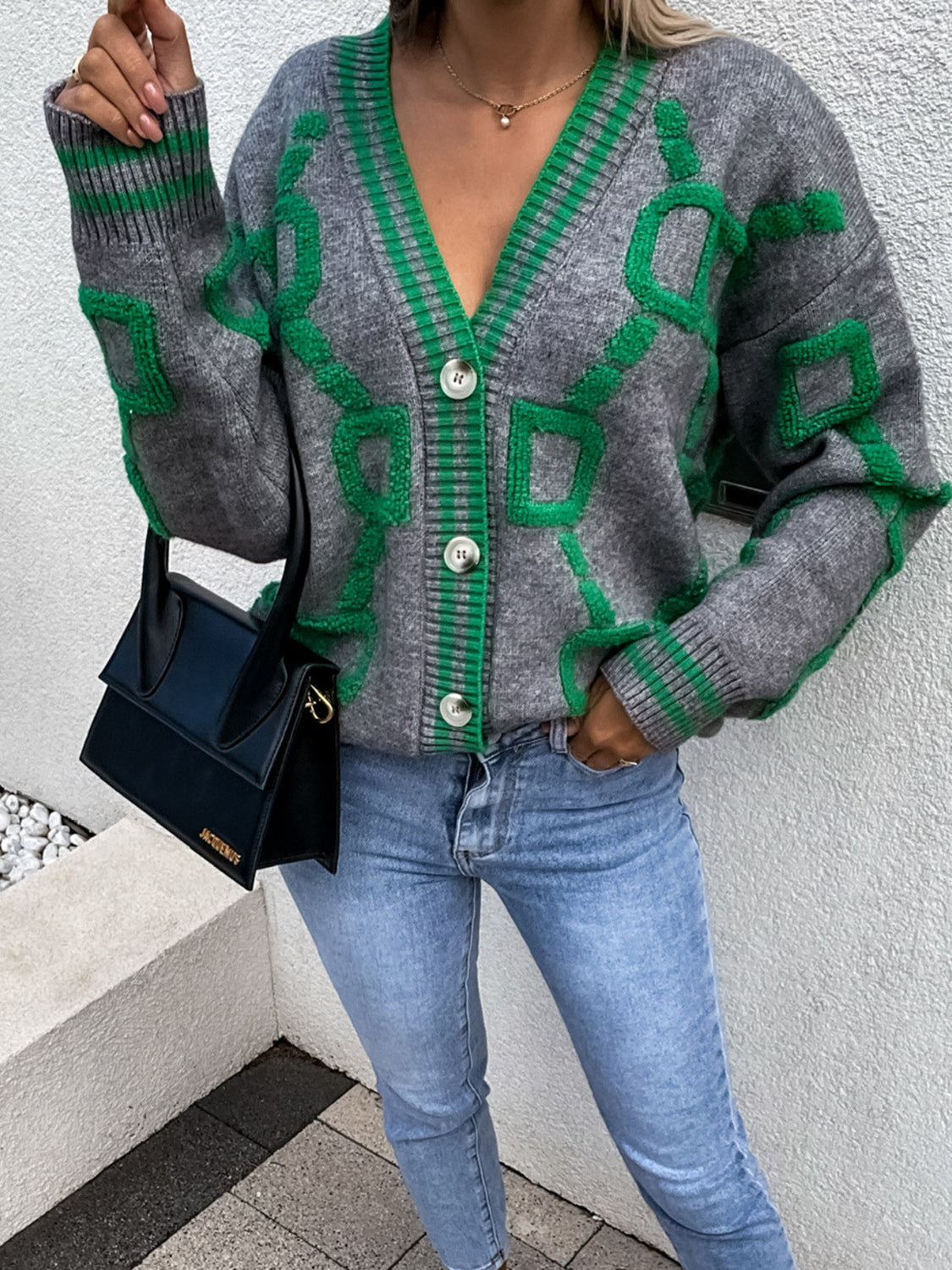 Geometric Dropped Shoulder Button Down Cardigan 550524952d9744769af2ee23fdaea666-Max Glownestbest