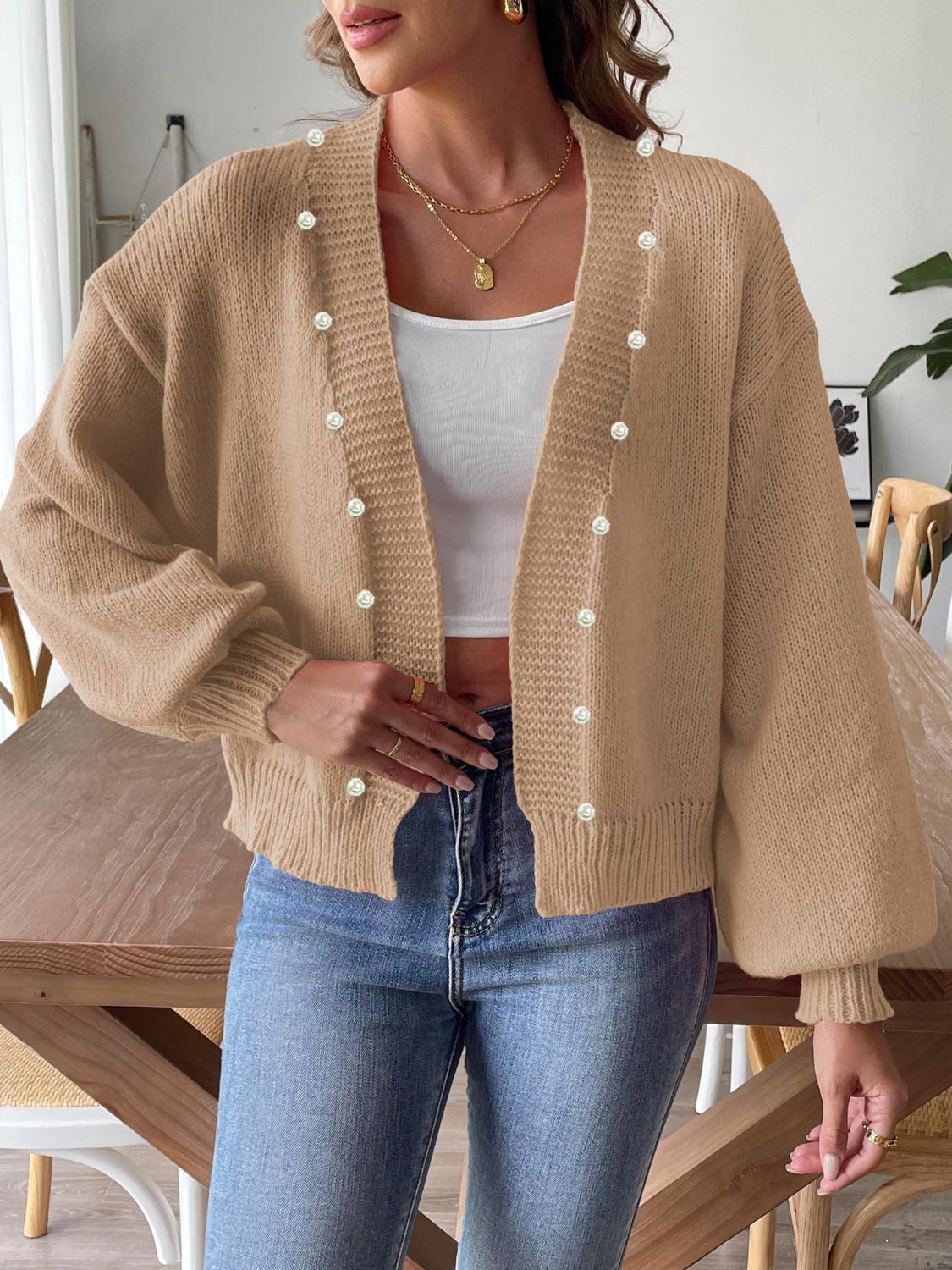 Pearl Open Front Long Sleeve Cardigan Tan 55728c47-48f6-4ba3-b908-b208b429f23d-Max Glownestbest