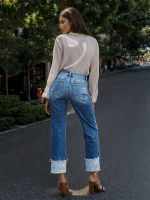 Stepped Waist Raw Hem Rolled Straight Jeans 5572edbc-aa4b-4411-ba37-0e722868bafd-Max Trendsi