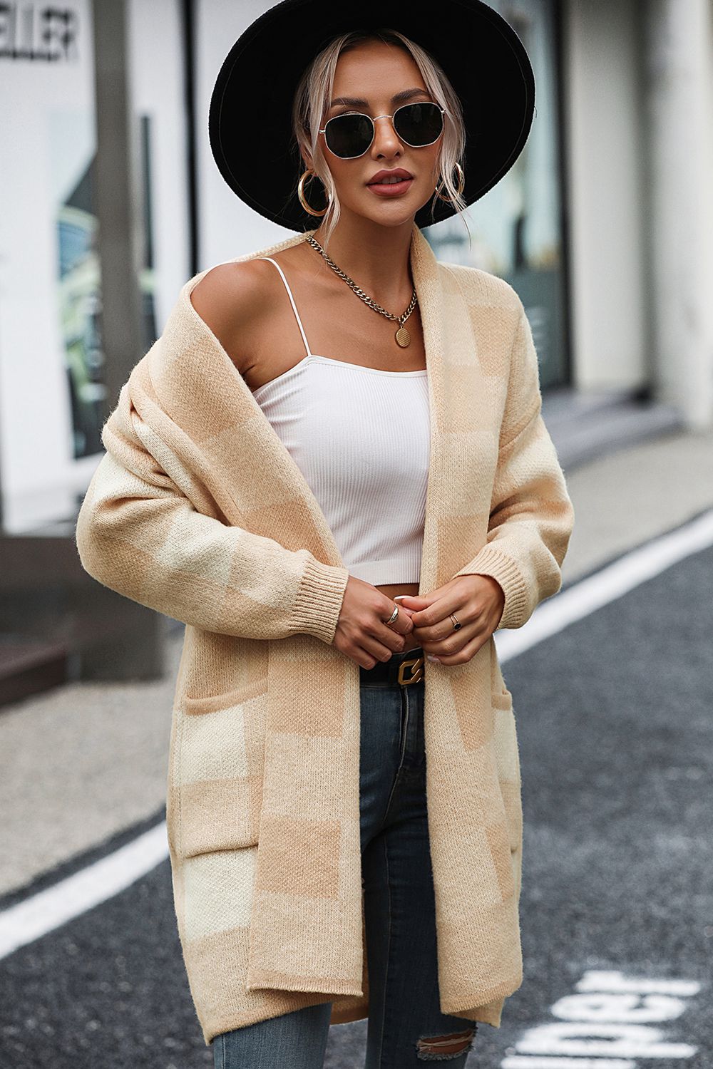 Glownestbest® | Plaid Dropped Shoulder Cardigan with Pocket 55a1d338143242f79323cfebc15f6691-Max Glownestbest