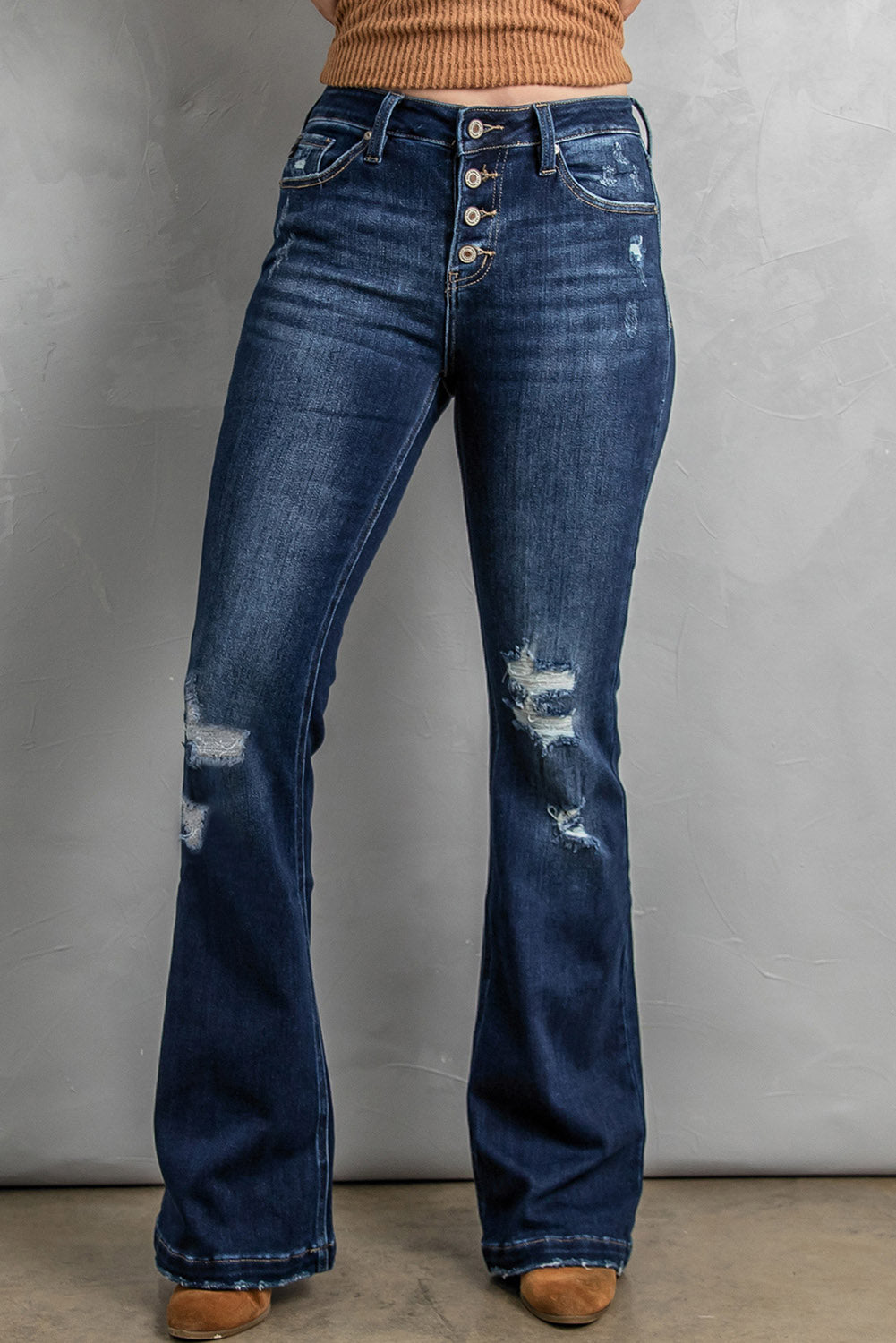 Button Fly Distressed Bootcut Jeans 55e31031ced14a578a571ed3eb88b9b3-Max Trendsi