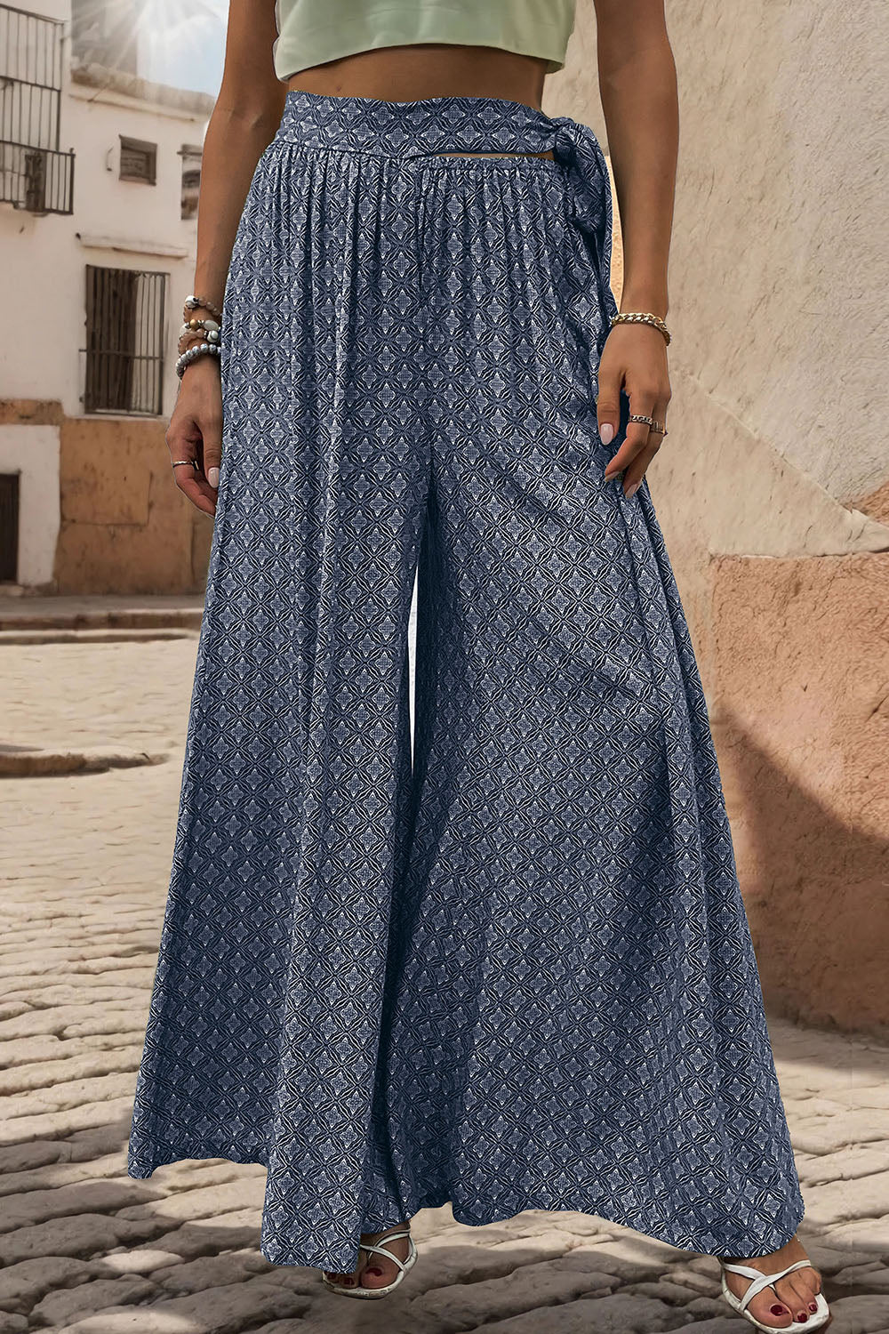 Perfee Printed Tied Wide Leg Pants Dark Blue 563b3d27-7cba-4e38-a2fb-83e98896e86f-Max Trendsi