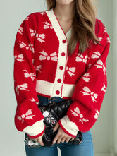 Bow V-Neck Button Down Long Sleeve Cardigan Deep Red One Size 5646b3b8-d766-4dc7-a7fb-3c851b2af594-Max Glownestbest