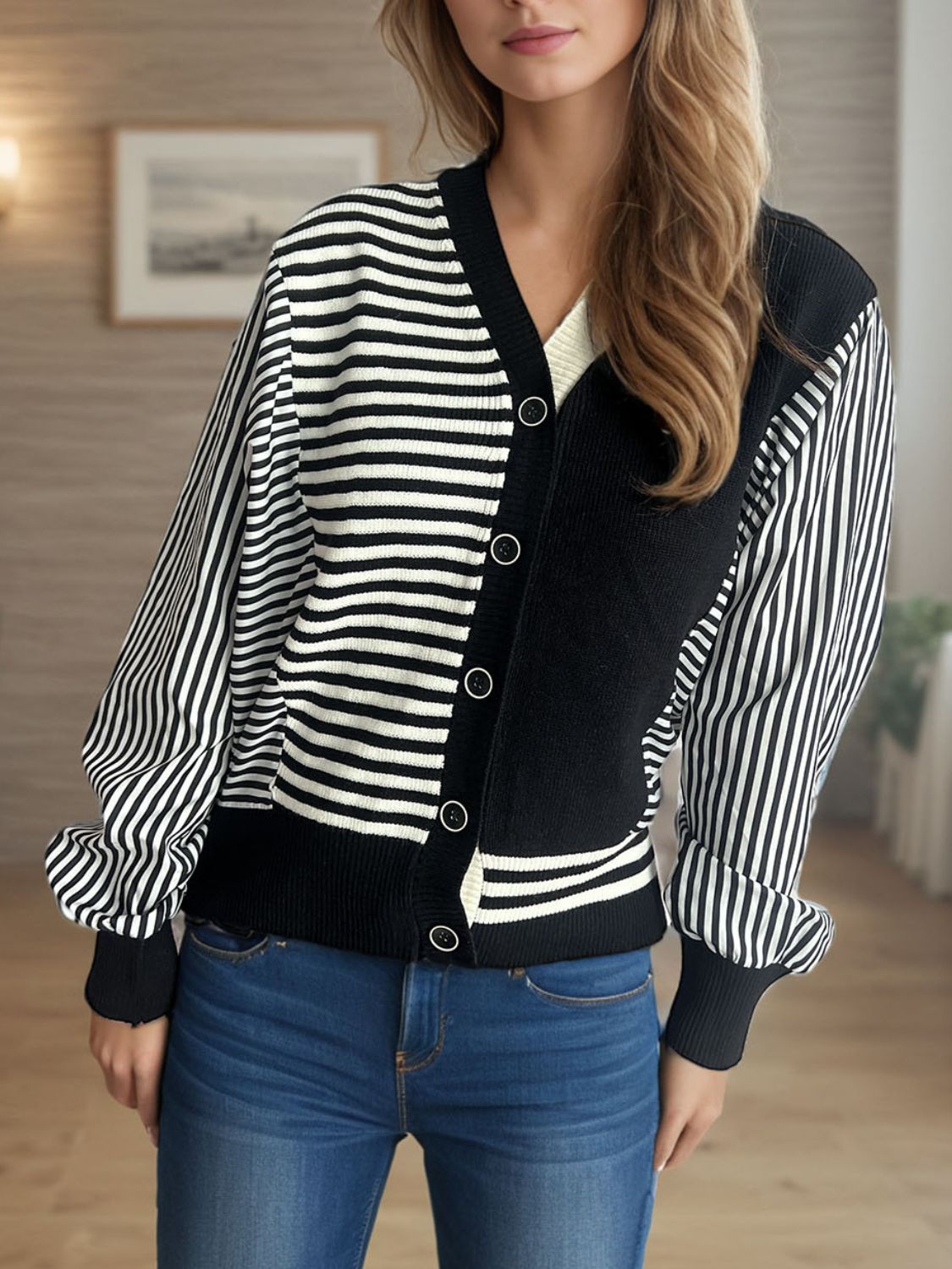 Striped Button Down Long Sleeve Cardigan Black One Size 5678a21c-a0dc-4387-ba50-80875bc93e79-Max Glownestbest