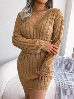 Cable-Knit V-Neck Mini Sweater Dress 56a6df5532534ae3b1b5d4cce1f2533e-Max Glownestbest