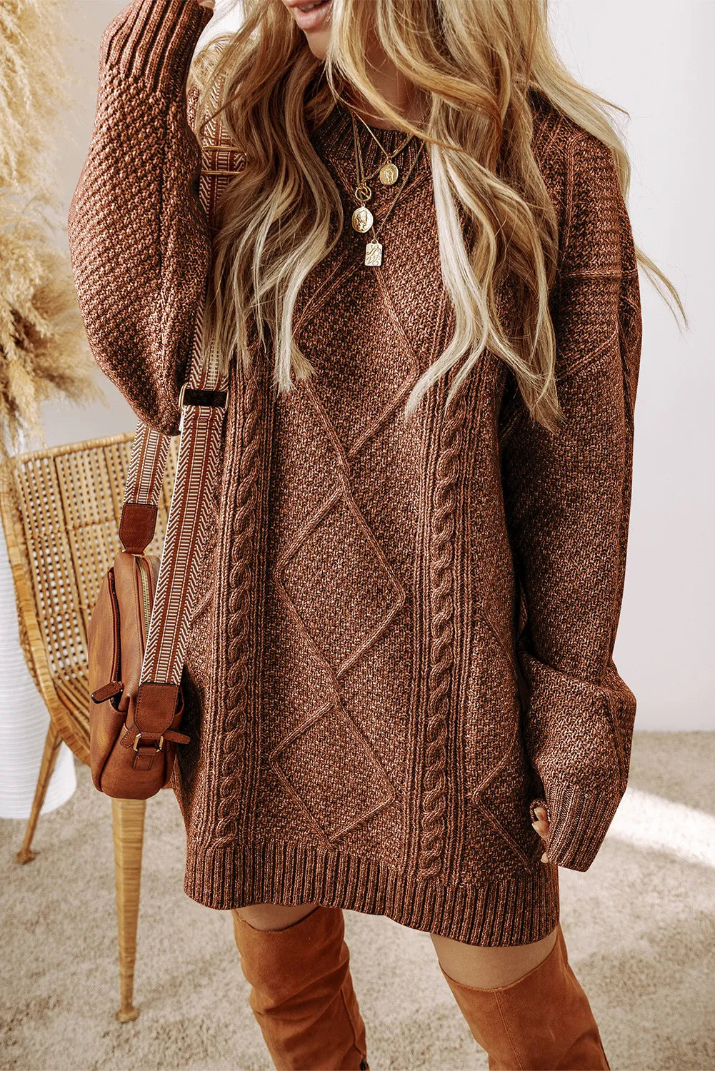 Cable-Knit Round Neck Sweater Dress Taupe 56e0771d-5761-4279-ac6f-04aa6cd555bf-Max Glownestbest