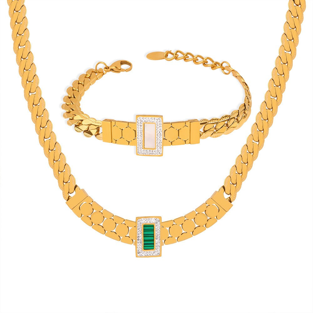 18K gold exquisite light luxury geometric inlaid zircon and gemstone design versatile bracelet necklace set 56fa12f6-4c38-49c9-82cd-458d8e6b2d47 Glownestbest
