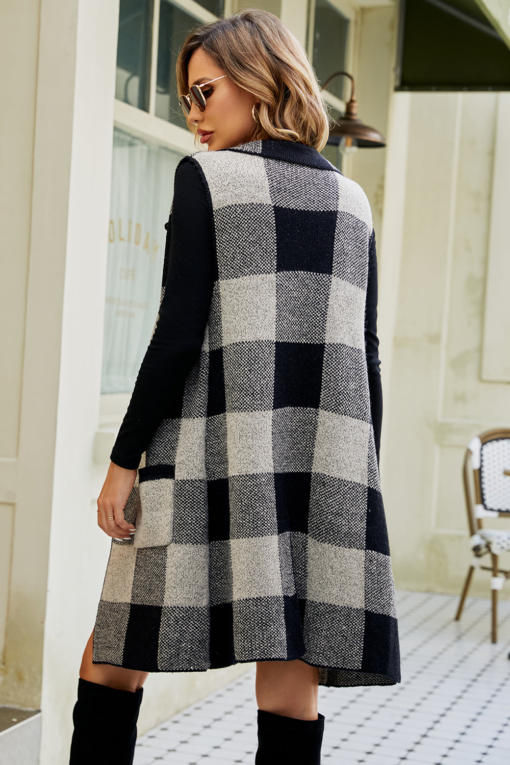 Glownestbest® | Plaid Open Front Sleeveless Cardigan with Pockets 571f3e8619a44859be888e5290b1d573-Max Glownestbest