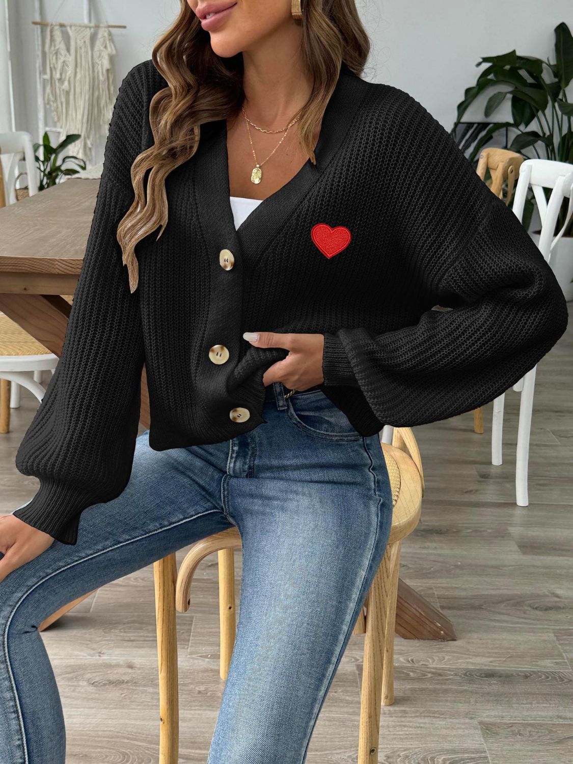 Heart Button Down V-Neck Long Sleeve Cardigan 573a5bee-b52d-4571-aed8-43bce21ca61d-Max Glownestbest