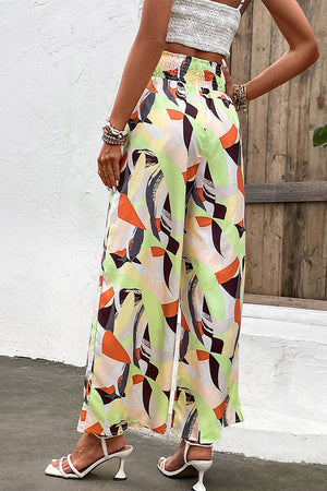 Shiny Printed Smocked Waist Wide Leg Pants 5753b52aa4ee414c9a8aedb71014ab5c-Max Trendsi