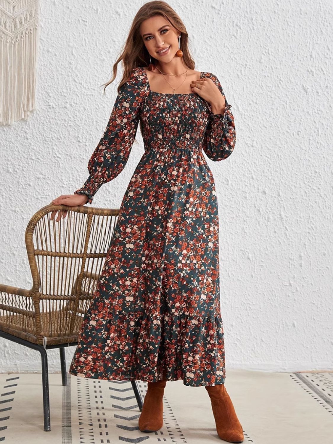 Smocked Floral Square Neck Long Sleeve Dress 57cba82c-ae9a-49b0-94ef-f9da0a853cc7-Max Glownestbest