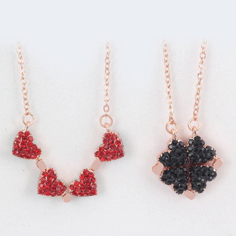 Noble and luxurious four-leaf clover paired with a heart studded with diamonds, a two-wear design necklace Double-sided rose gold red and black opening and closing model 58514d50-4029-4ac3-bedd-820c3014286b Artshiney