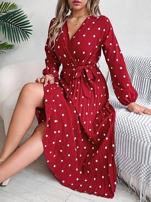 Tied Polka Dot Long Sleeve Midi Dress 58a611cd-e48b-40e4-8e2a-8652ac60e7e4-Max Glownestbest