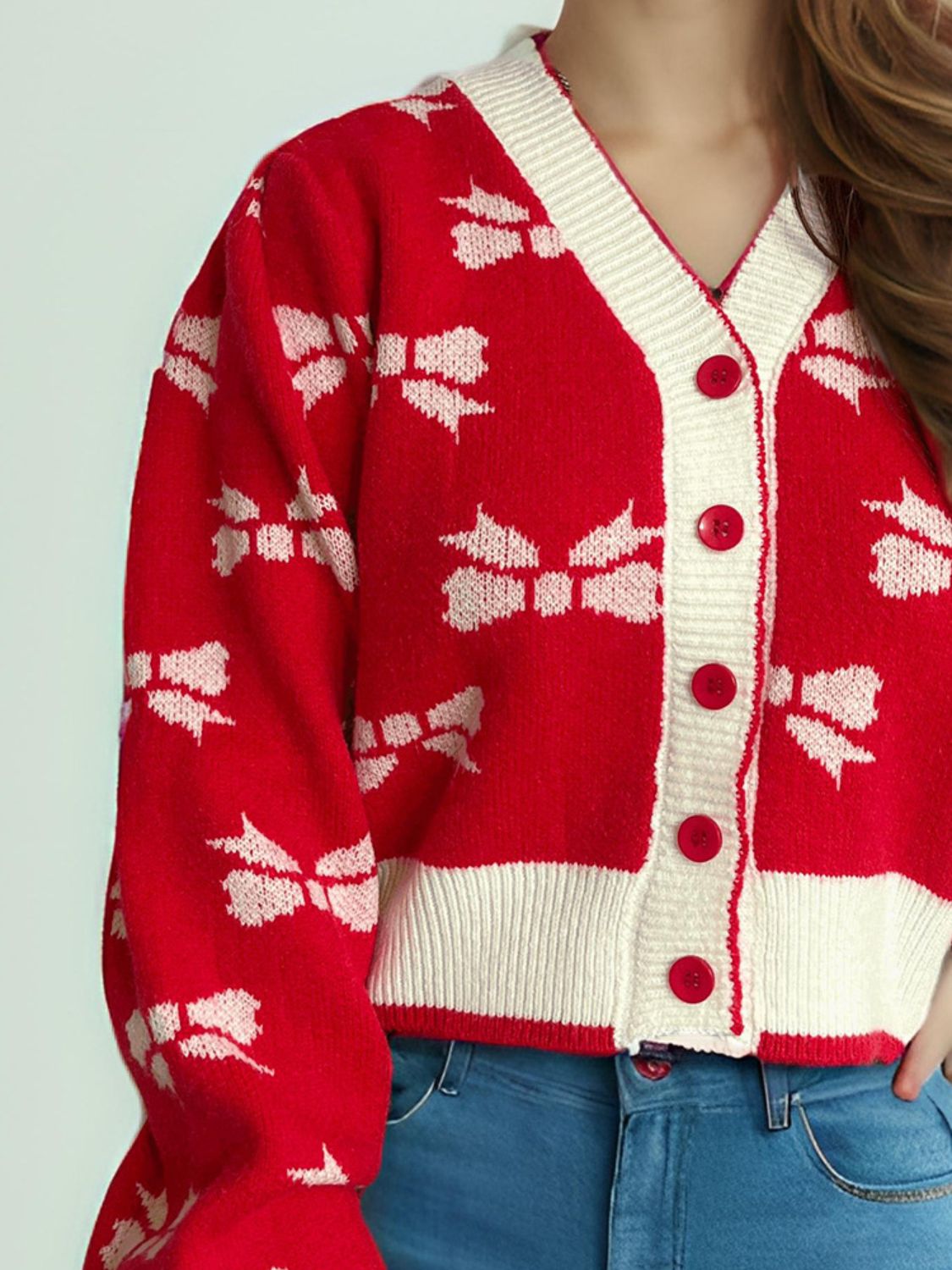 Bow V-Neck Button Down Long Sleeve Cardigan 58ae4ed1-04a1-40ef-9acd-76552494aafb-Max Glownestbest
