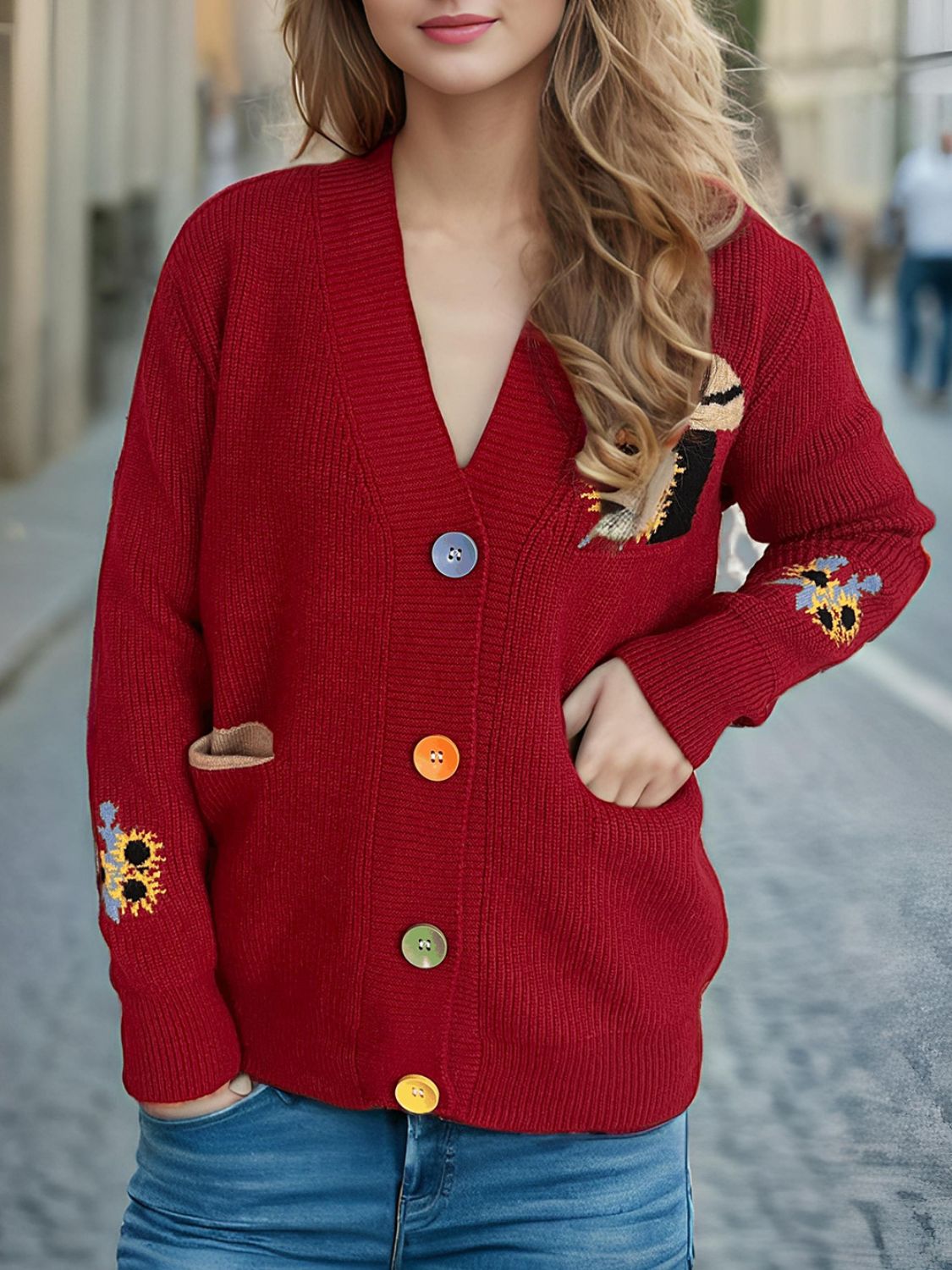 Contrast Button V-Neck Long Sleeve Cardigan 58e020d3-2ba1-4693-9cb2-270fc181118d-Max Glownestbest