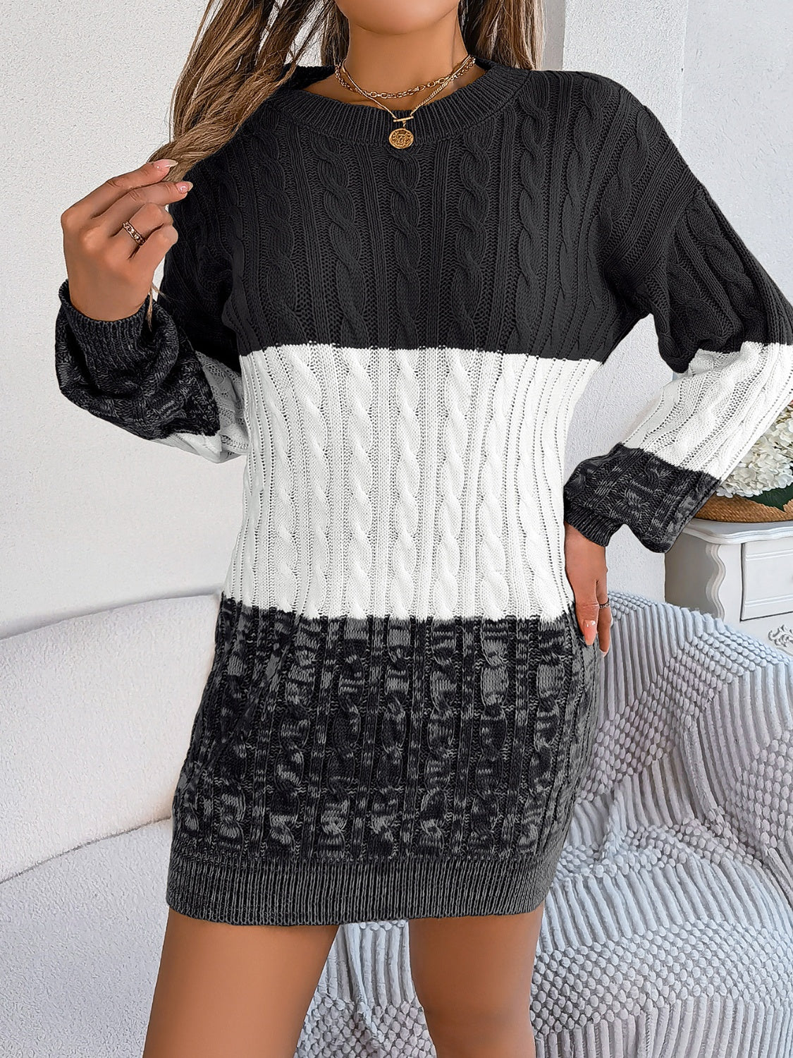 Cable-Knit Round Neck Color Block Sweater Dress 58f8f6fd-210a-43bc-b57b-9d9f897fc6f7-Max Glownestbest