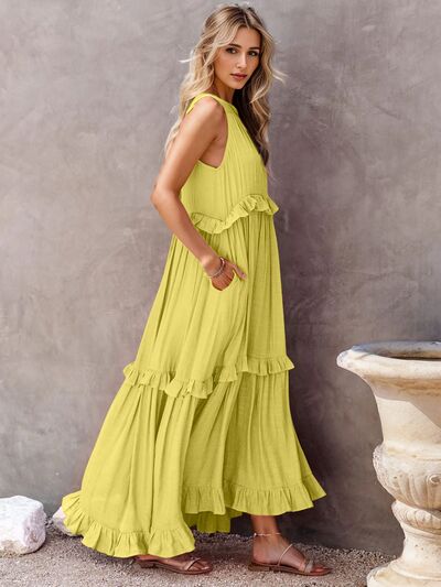 Ruffled Sleeveless Tiered Maxi Dress with Pockets Chartreuse 5974481c-a553-4ccf-8207-8f58a71f975c-Min Glownestbest