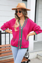 Angel Wings Waffle Knit V-Neck Cardigan with Pocket Hot Pink 597fbea0187240e88d548b75152e90f5-Max Glownestbest
