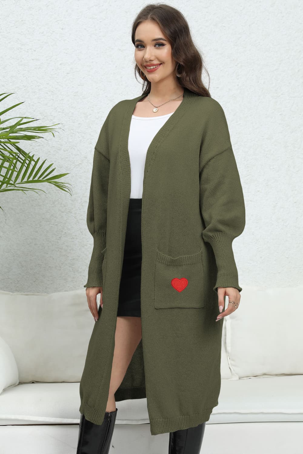 Lantern Sleeve Open Front Pocketed Cardigan 59e39cd370d246d8b9a130766ee352b3-Max Glownestbest