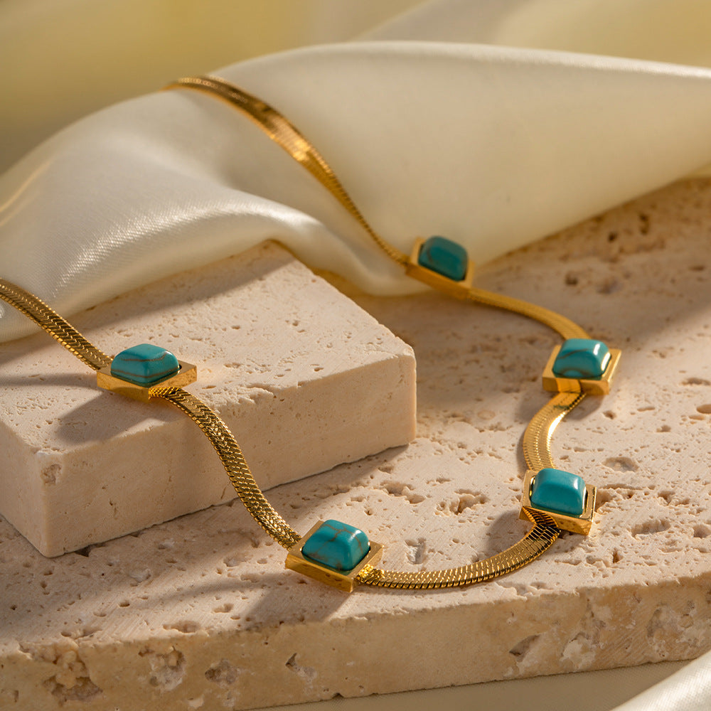 18K Gold Noble Fashion Matching Square Blue Malachite Versatile Necklace 59e6430c-4632-4770-af61-3e075b59ba47 Artshiney