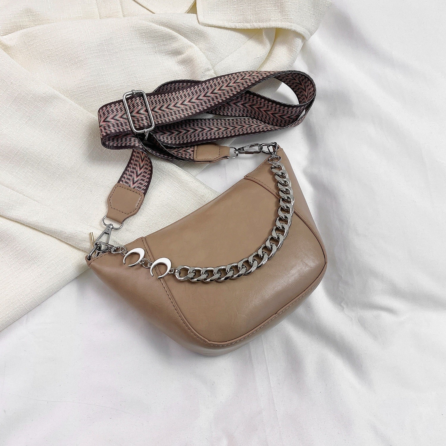 PU Leather Chain Trim Crossbody Bag Khaki One Size 5a6c233e-a3fe-4c27-9e95-5b1cf67dd245-Max Trendsi