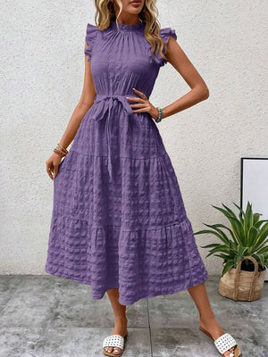 Tied Ruffled Cap Sleeve Midi Dress Purple 5a781861-b347-4c42-85cd-e71b7546f95d-Max Trendsi