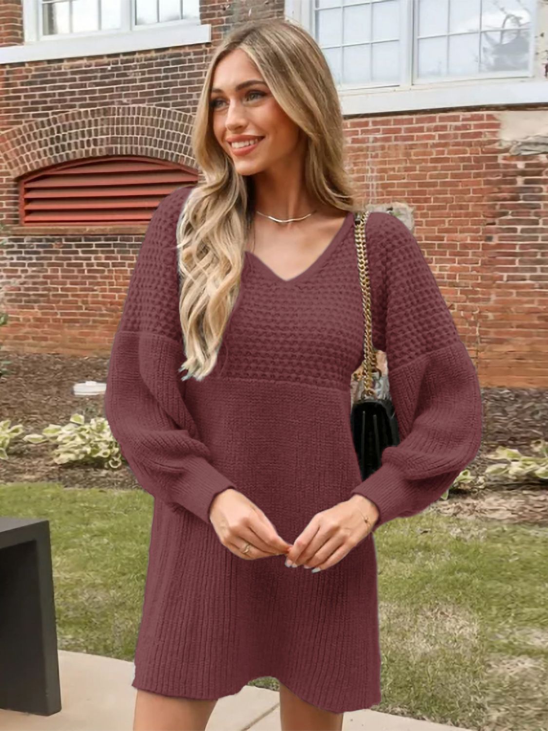 Perfee V-Neck Long Sleeve Sweater Dress 5b7a9fb5-718c-4221-861a-8908b822db5e-Max Glownestbest