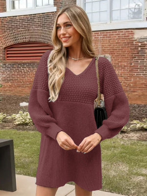 Perfee V-Neck Long Sleeve Sweater Dress 5b7a9fb5-718c-4221-861a-8908b822db5e-Max Glownestbest