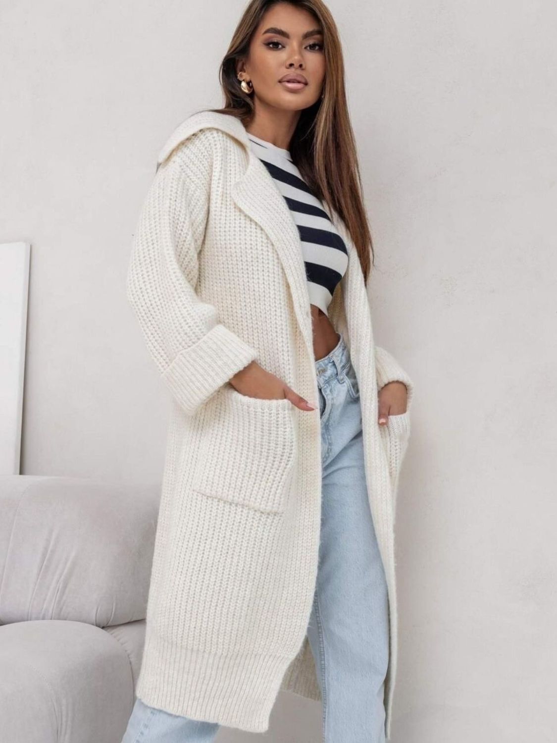 Pocketed Collared Neck Dropped Shoulder Cardigan Cream One Size 5bf2d600-85ca-450c-9bcd-26643c6b6679-Max Glownestbest