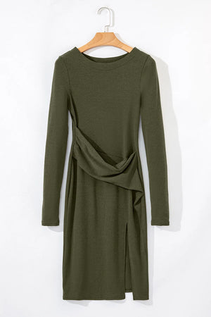 Slit Round Neck Long Sleeve Mini Dress 5c4e70b2-3843-499e-a64c-76c6b2f76801-Max Glownestbest