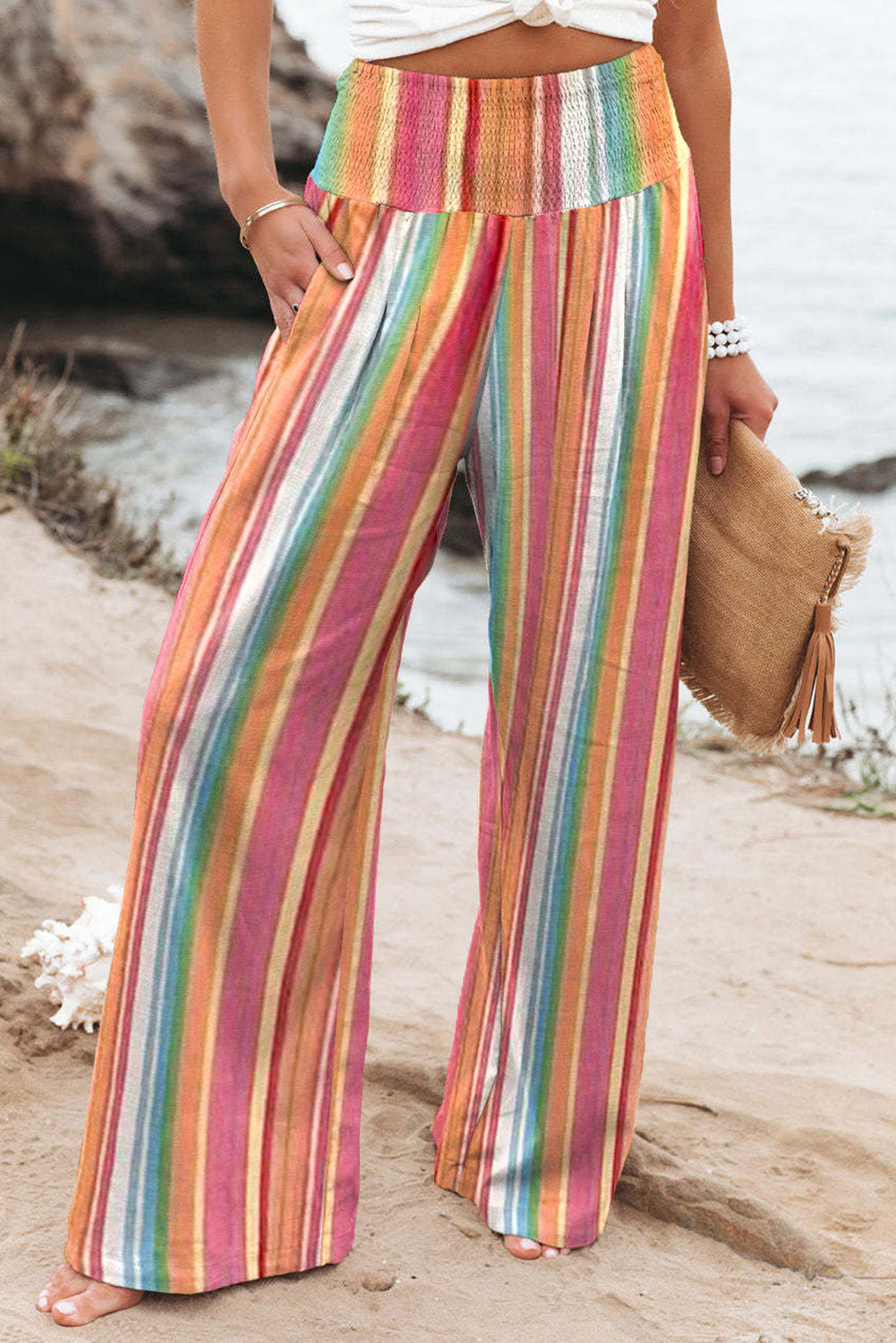 Striped Smocked Waist Pants with Pockets Multicolor 5c6e6f3e7a3c4dc69395b12bde4a6a61-Max Trendsi