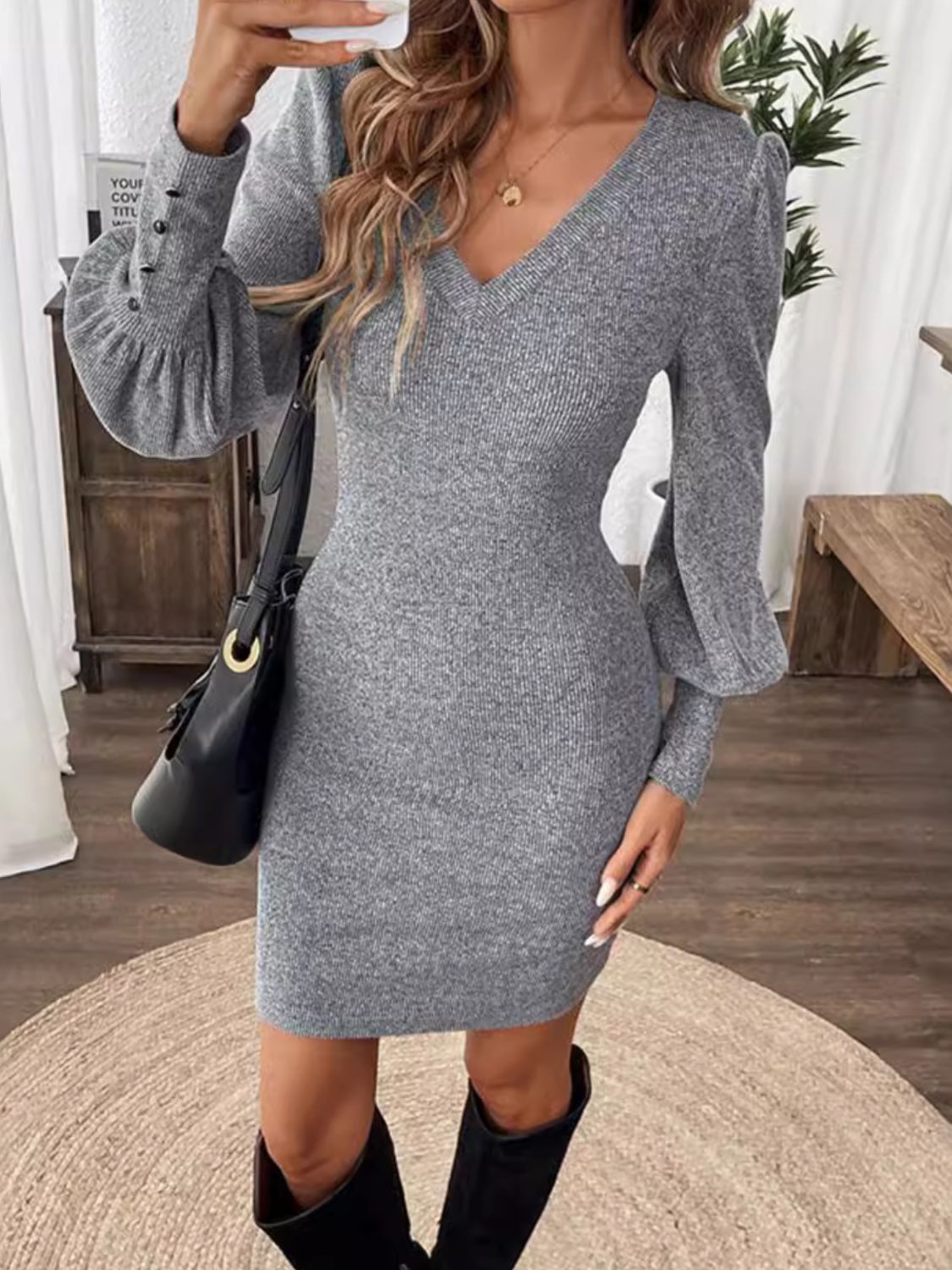 V-Neck Lantern Sleeve Dress Gray 5c975caa-fbaa-4ff6-b680-f295a02bd0a0-Max Glownestbest