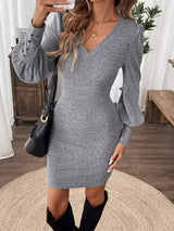 V-Neck Lantern Sleeve Dress Gray 5c975caa-fbaa-4ff6-b680-f295a02bd0a0-Max Glownestbest