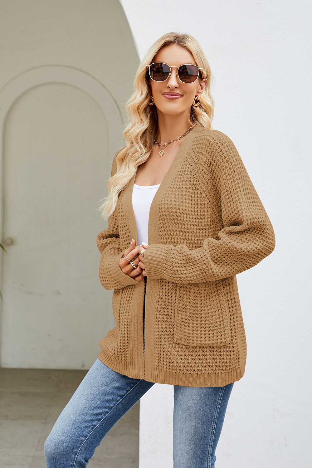 Open Front Long Sleeve Cardigan with Pockets Caramel 5caa4a4490b54ca6b6bb4c946cc8df9d-Max Glownestbest