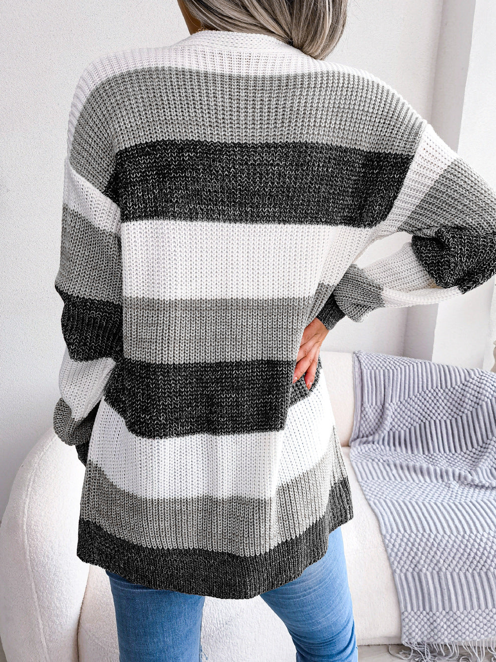 Glownestbest® | Striped Rib-Knit Open Front Longline Cardigan 5cdf7efc30e842af9df6dd1b6fc6c92d-Max Glownestbest