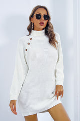 Buttoned Turtleneck Long Sleeve Sweater Dress White 5cec2ce49fc1411bb4169d36777f906f-Max Glownestbest
