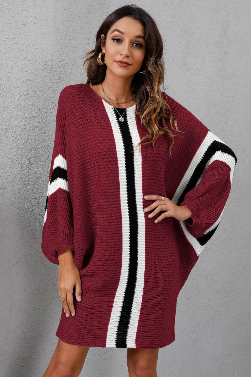 Ribbed Round Neck Long Sleeve Sweater Dress Burgundy 5d591f2388e5458aaacdc25696c0f98c-Max Glownestbest