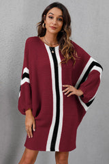 Ribbed Round Neck Long Sleeve Sweater Dress Burgundy 5d591f2388e5458aaacdc25696c0f98c-Max Glownestbest