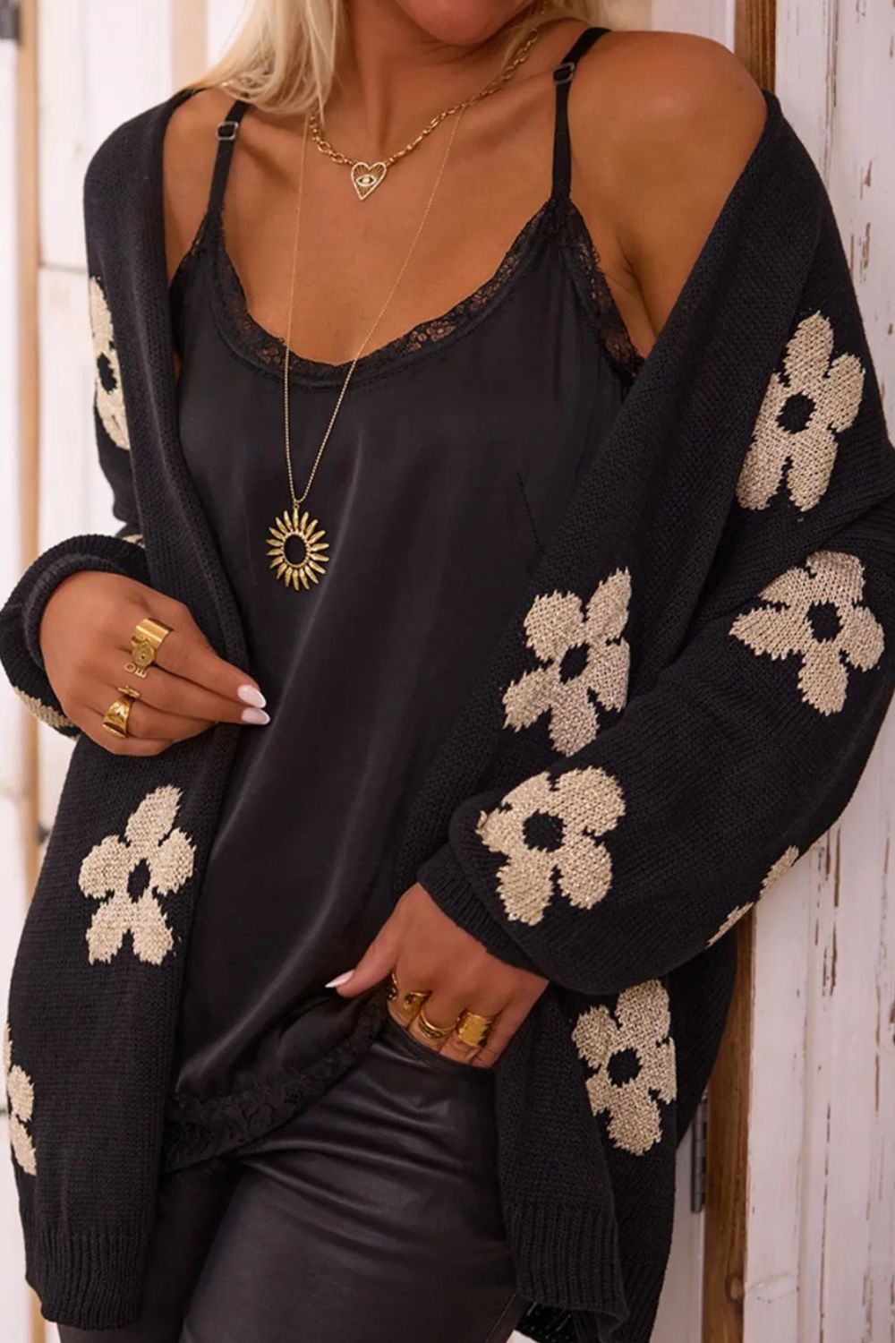 Flower Open Front Long Sleeve Cardigan Black 5d5b0f2c-f973-4b43-832b-5c91f1d95b96-Max Glownestbest