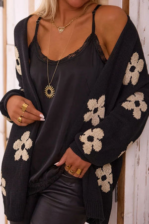 Flower Open Front Long Sleeve Cardigan Black 5d5b0f2c-f973-4b43-832b-5c91f1d95b96-Max Glownestbest