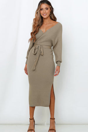 Surplice Neck Bow Waist Slit Sweater Dress 5d5d34fd72874c8e8c7619d038f3449d-Max Glownestbest