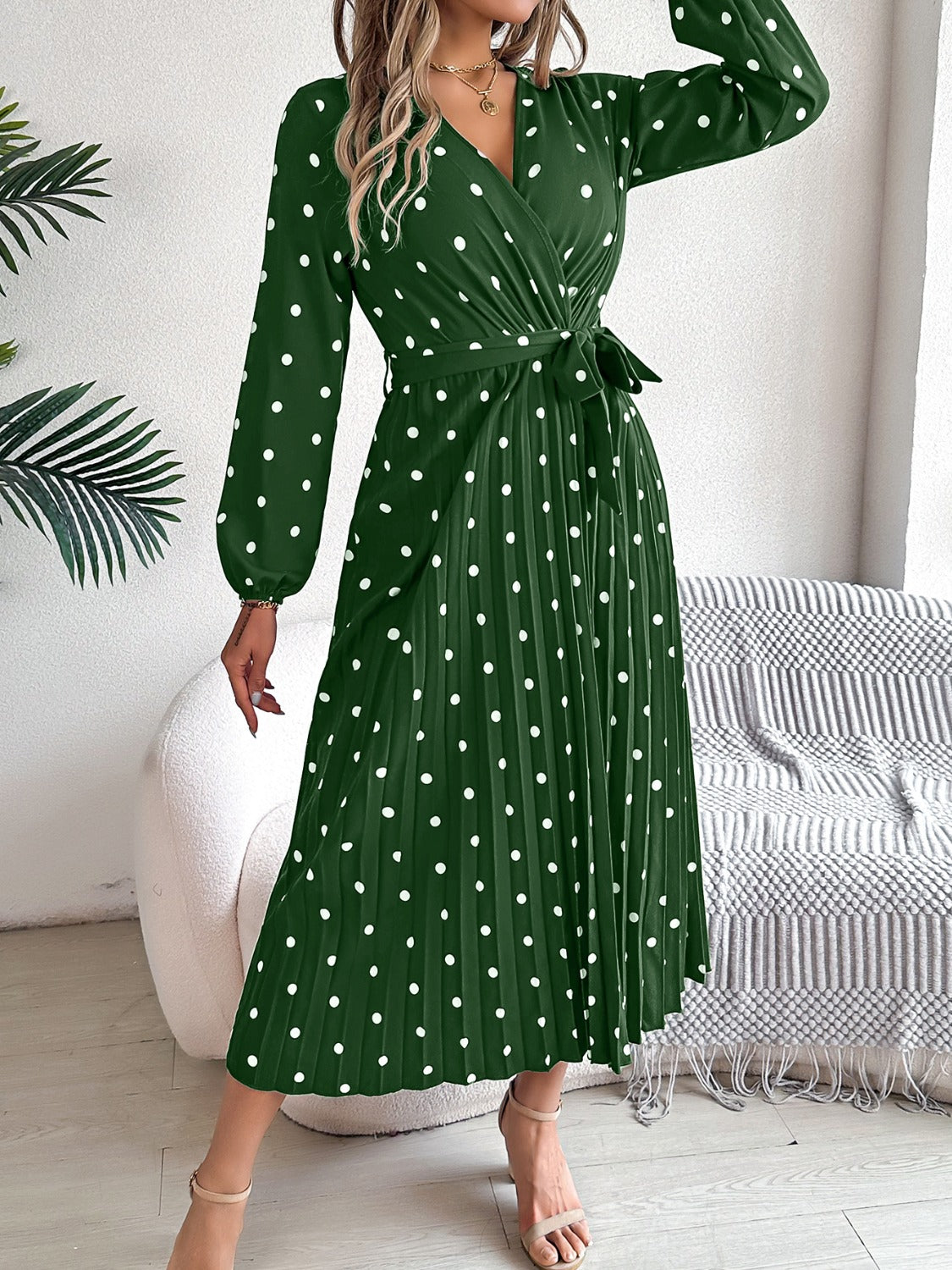 Tied Polka Dot Long Sleeve Midi Dress Dark Green 5dcb97f7-5c58-42fd-bc64-14437f6546df-Max Glownestbest
