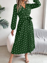Tied Polka Dot Long Sleeve Midi Dress Dark Green 5dcb97f7-5c58-42fd-bc64-14437f6546df-Max Glownestbest