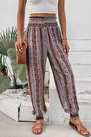 Perfee Smocked Printed High Waist Pants 5de4e80f-e7f4-4c6c-b488-3e9bf15f5536-Max Trendsi