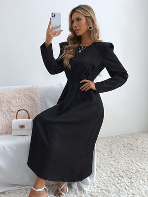 Ruched Ruffled Round Neck Long Sleeve Dress 5e4bb1e4-81ee-4c1b-9bcf-d56236b8d04f-Max Glownestbest