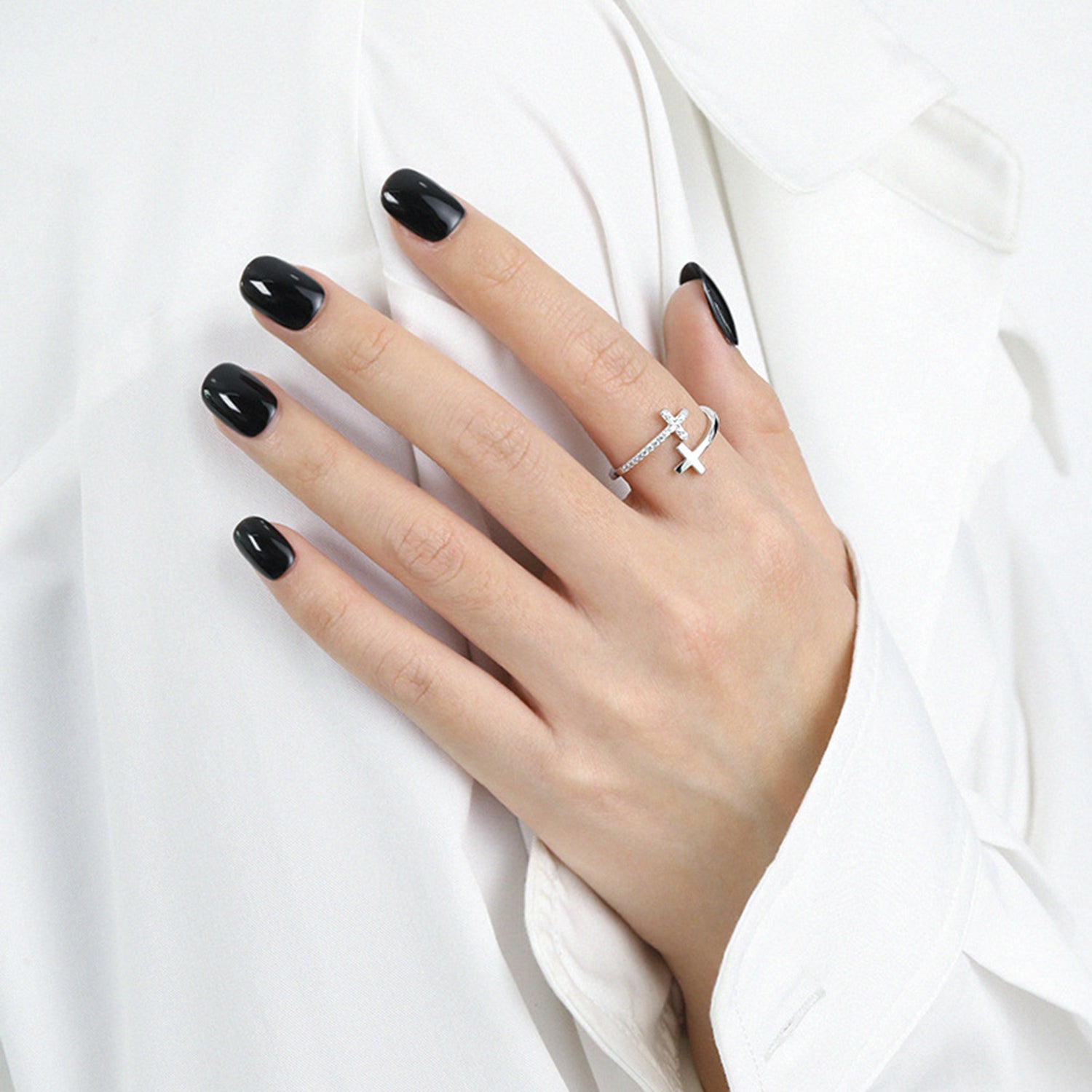 Zircon 925 Sterling Silver Double Cross Bypass Ring 5eeb8f40-c54d-48fa-9a5a-656cb5c86c19-Max Trendsi