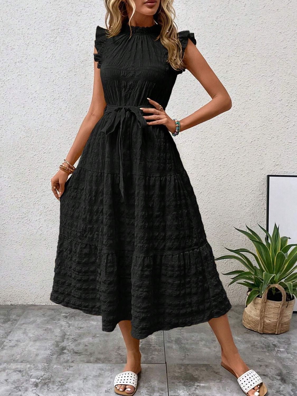 Tied Ruffled Cap Sleeve Midi Dress Black 5f03d525-f7ad-47fa-8609-4d8fe3659dc5-Max Trendsi