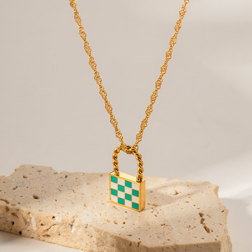 18K Novel Fashion Checker Checker Green and White Design Versatile Pendant Necklace 5fc907b1-565e-4467-a5e1-914b7e11d8f6 Artshiney