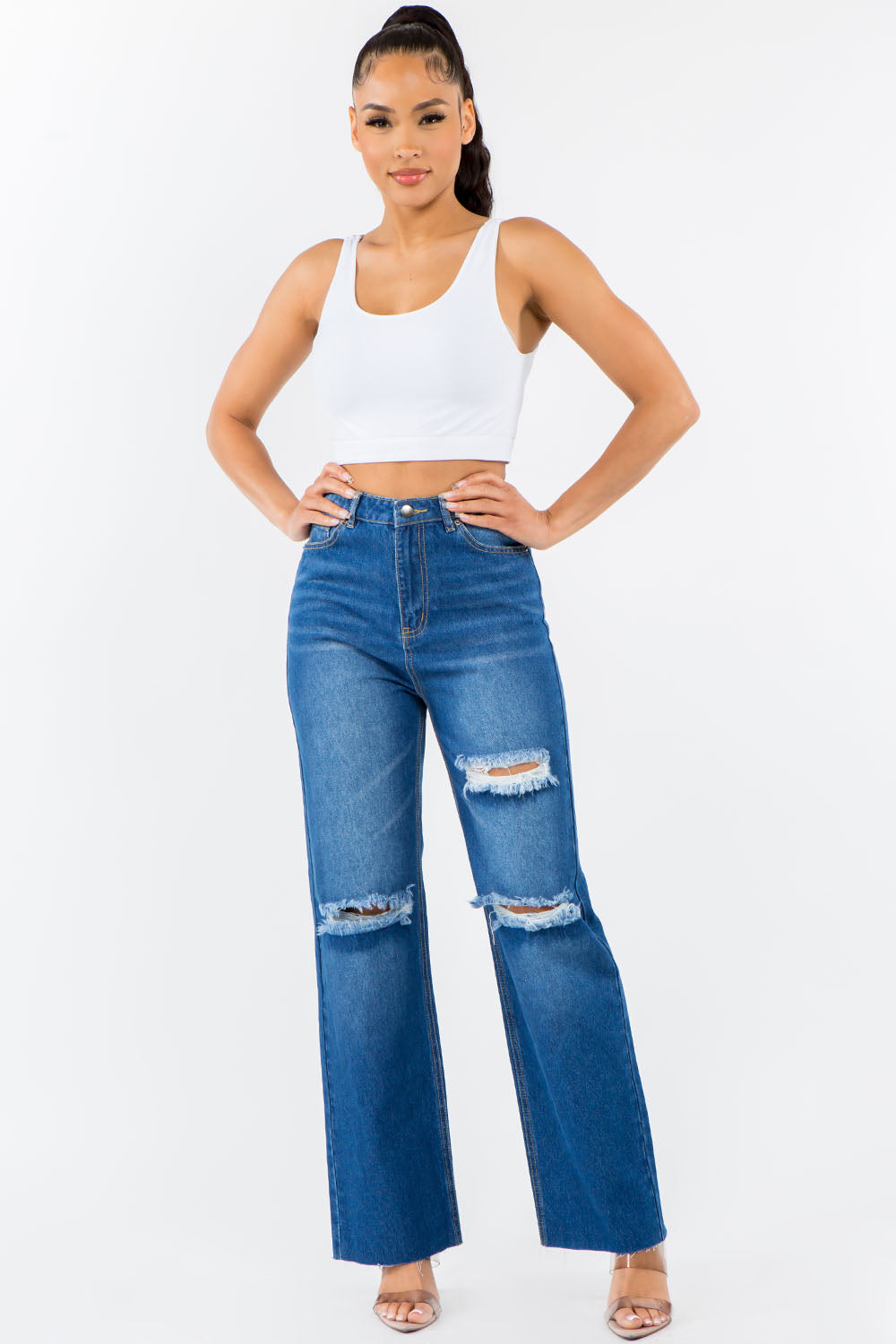American Bazi High Waist Distressed Wide Leg Jeans Blue 5fed045b-b522-4810-97a0-fe1c867e6a95-Max Trendsi